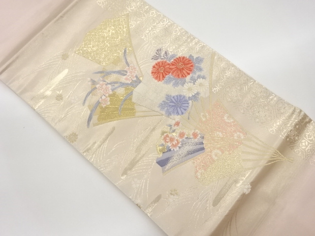 JAPANESE NAGOYA OBI / GOLD FOIL / WOVEN FOLDING FAN PATTERN